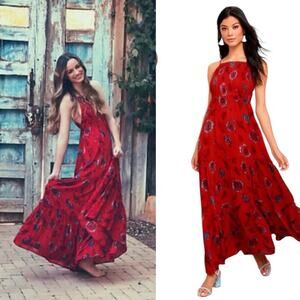FREE PEOPLE Red Floral Smocked Tiered Maxi Dress
